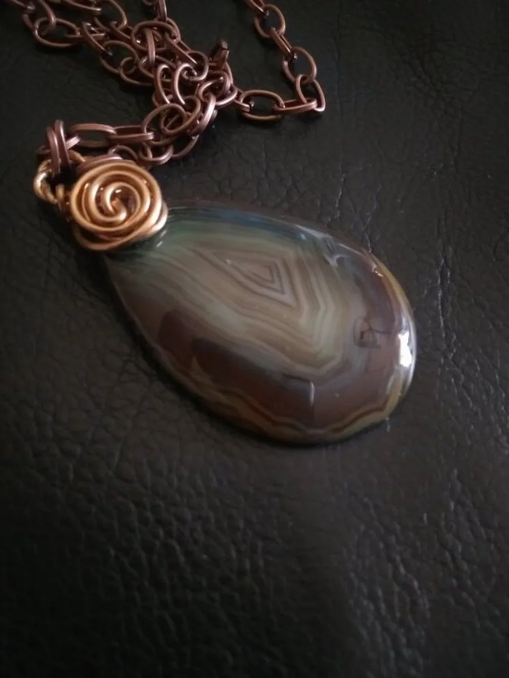 Earthy Muted Browns + Greens! Gorgeous Banded Agate Teardrop Pendant + Chain!